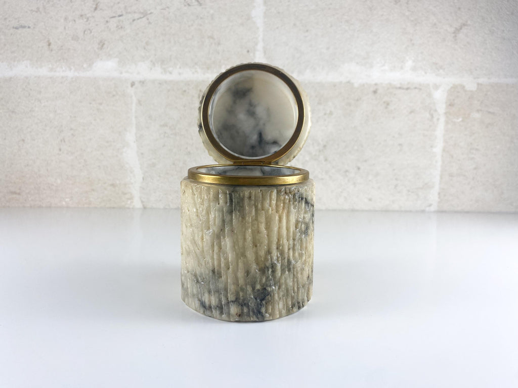 Vintage Italian Alabaster Box, Hand Carved Fluted Stone & Brass