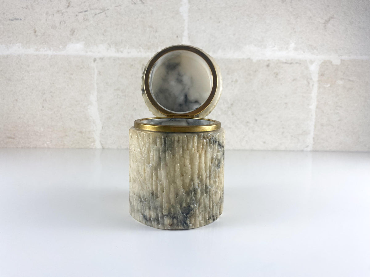 Vintage Italian Alabaster Box, Hand Carved Fluted Stone & Brass