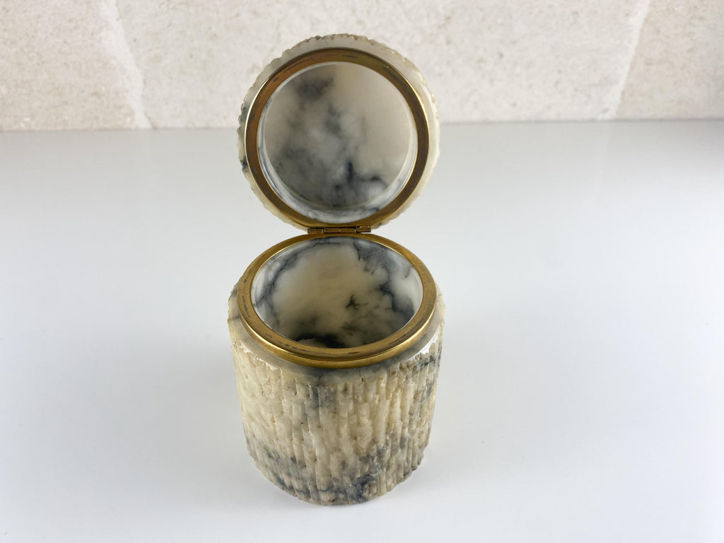 Vintage Italian Alabaster Box, Hand Carved Fluted Stone & Brass