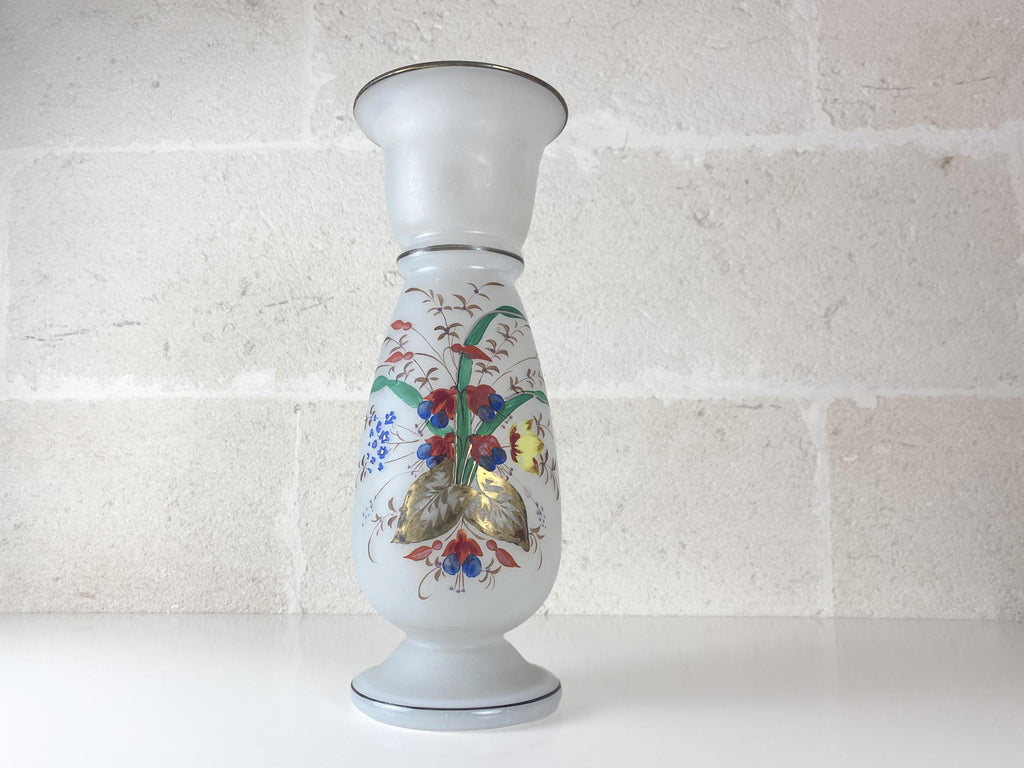 Grand vase ancien en verre opalin de style Bristol – Vase victorien à motifs floraux soufflé à la bouche