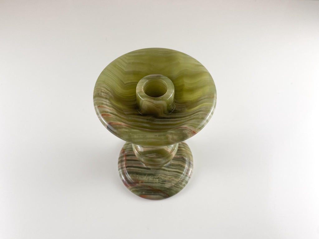Vintage italienischer Kerzenständer aus olivgrünem Onyx – handgefertigte Balusterform