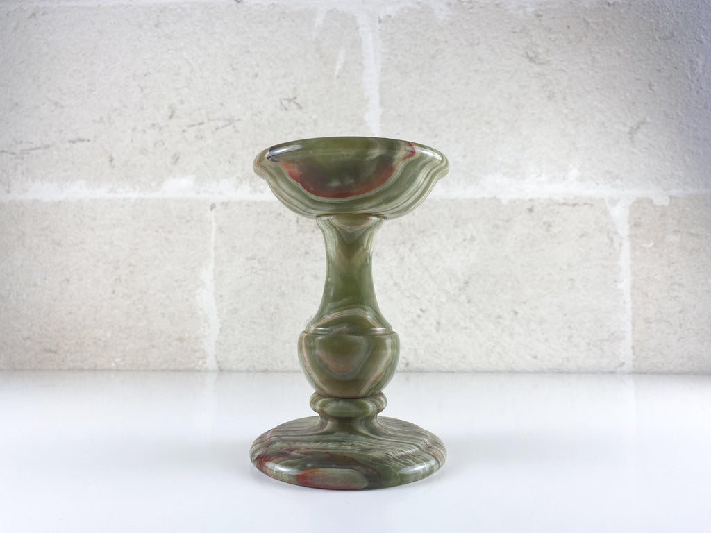 Vintage italienischer Kerzenständer aus olivgrünem Onyx – handgefertigte Balusterform