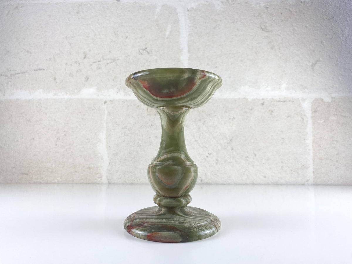 Vintage italienischer Kerzenständer aus olivgrünem Onyx – handgefertigte Balusterform
