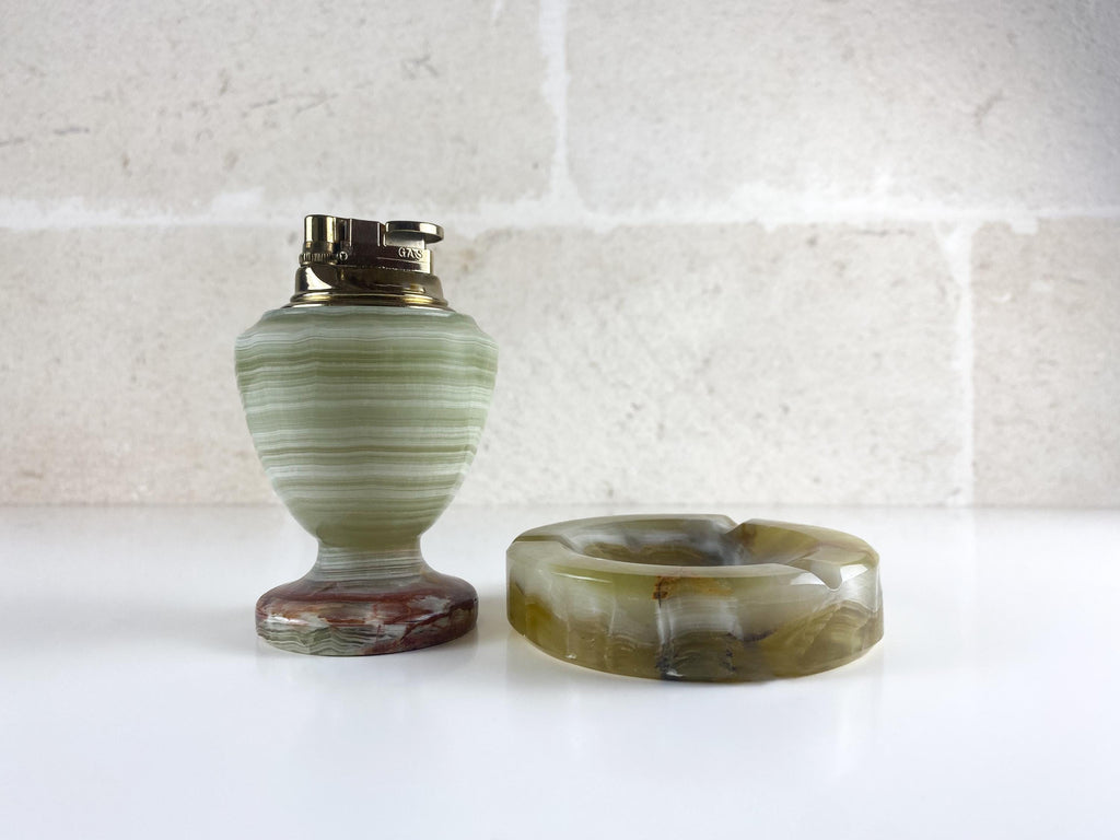 Vintage Italian Onyx Smoking Set – Hand-Carved Ashtray & Sculptural Brass Table Lighter