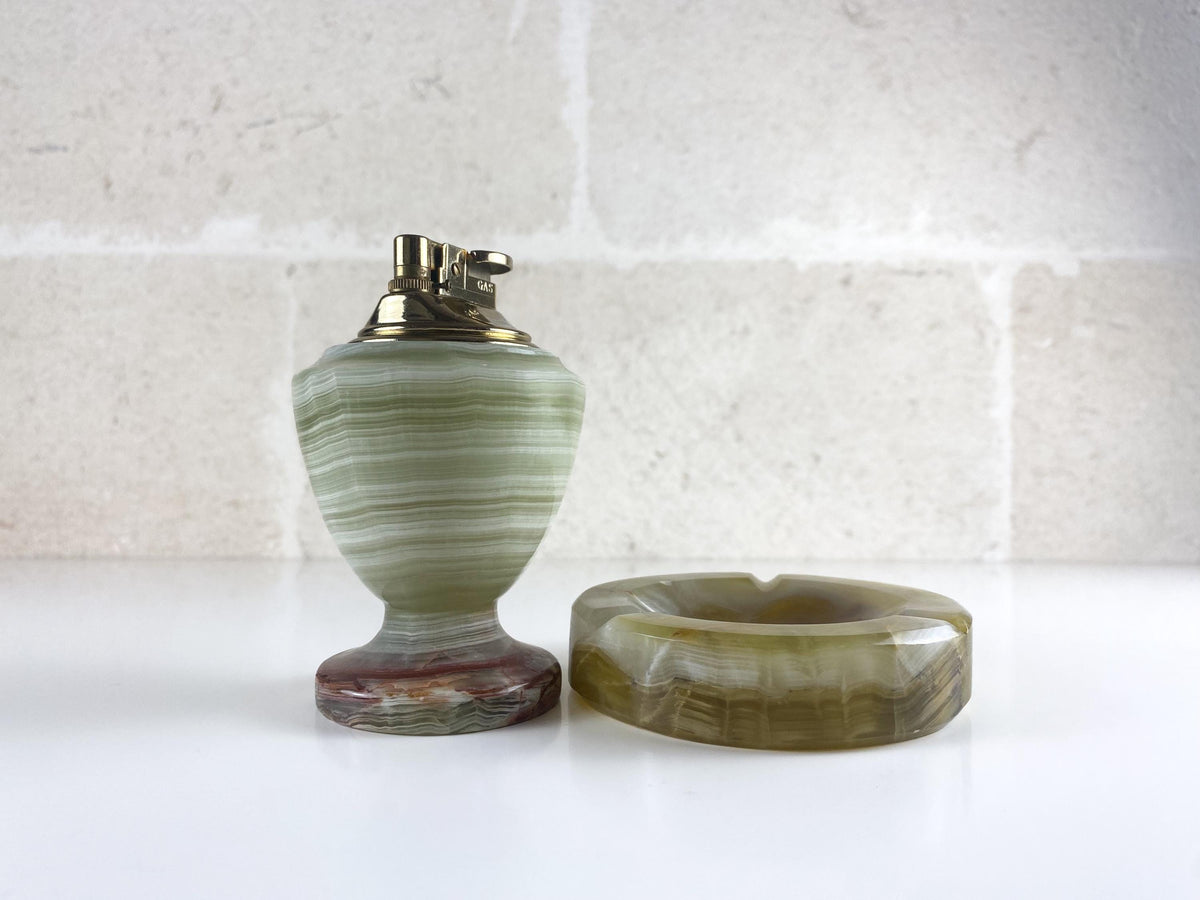 Vintage Italian Onyx Smoking Set – Hand-Carved Ashtray & Sculptural Brass Table Lighter