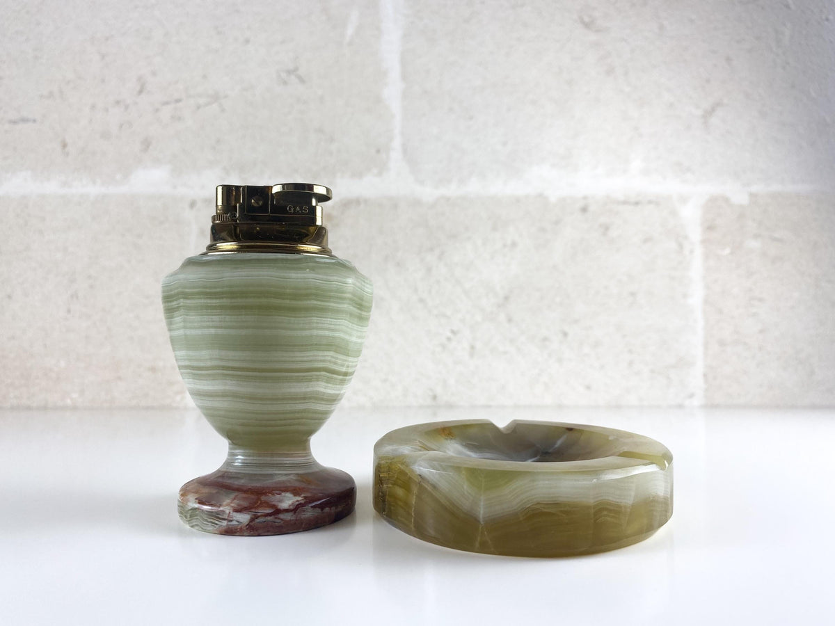 Vintage Italian Onyx Smoking Set – Hand-Carved Ashtray & Sculptural Brass Table Lighter