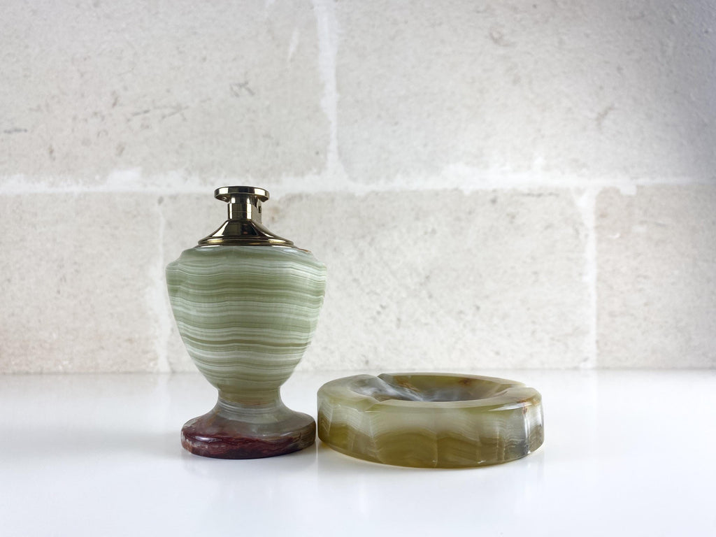 Vintage Italian Onyx Smoking Set – Hand-Carved Ashtray & Sculptural Brass Table Lighter