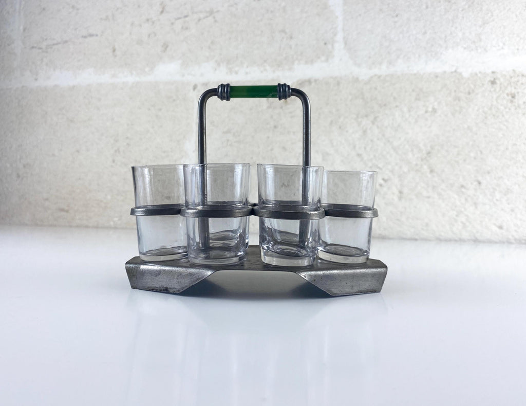Art-Déco-Schnapsglashalter – Machine-Age-Likörset, grüner Bakelitgriff