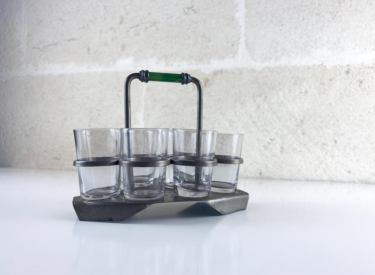 Porte-verres à liqueur Art Déco – Service à liqueur « Machine Age », poignée en bakélite verte