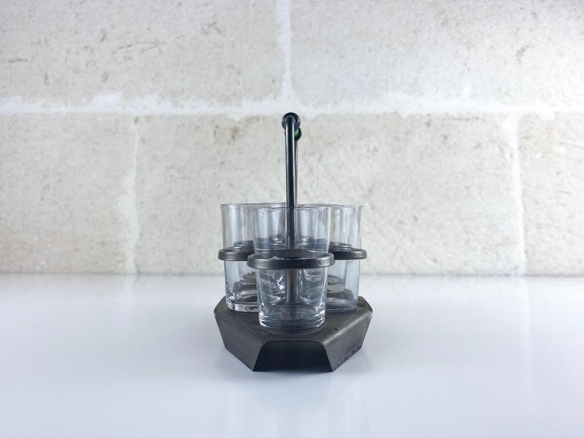 Porte-verres à liqueur Art Déco – Service à liqueur « Machine Age », poignée en bakélite verte