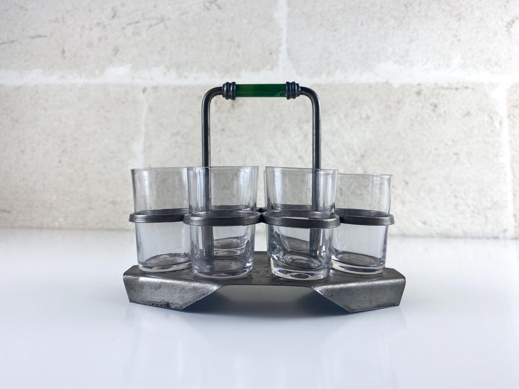 Art-Déco-Schnapsglashalter – Machine-Age-Likörset, grüner Bakelitgriff