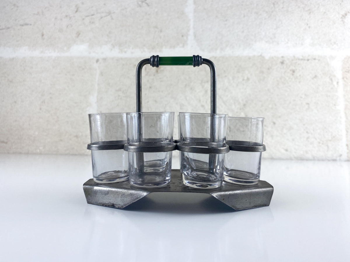 Porte-verres à liqueur Art Déco – Service à liqueur « Machine Age », poignée en bakélite verte