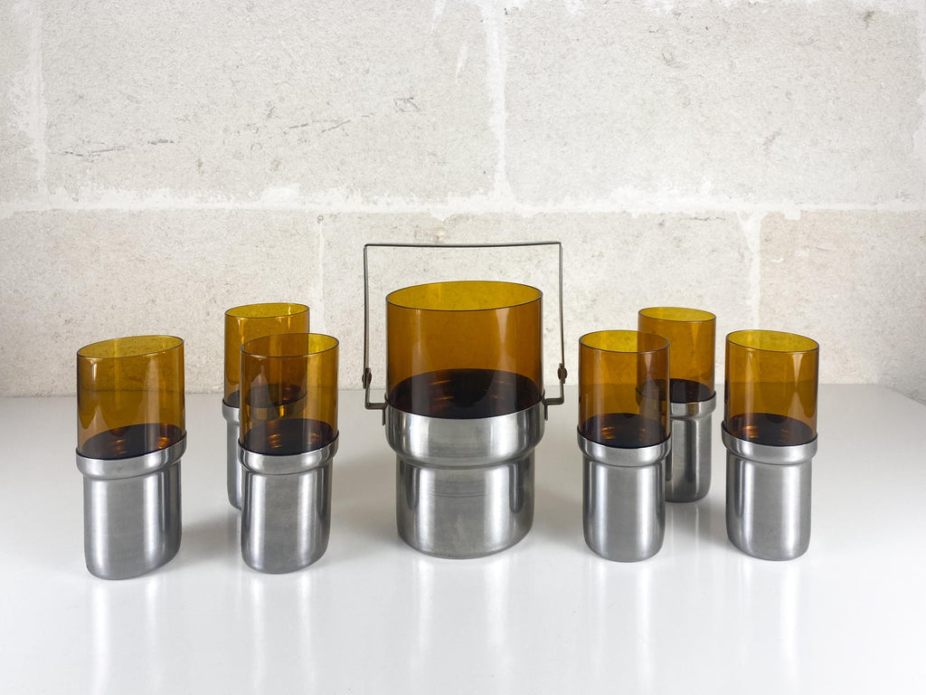 Vintage Italian PRAN Ice Bucket & 6 Glasses – 1970s Space Age Barware Set