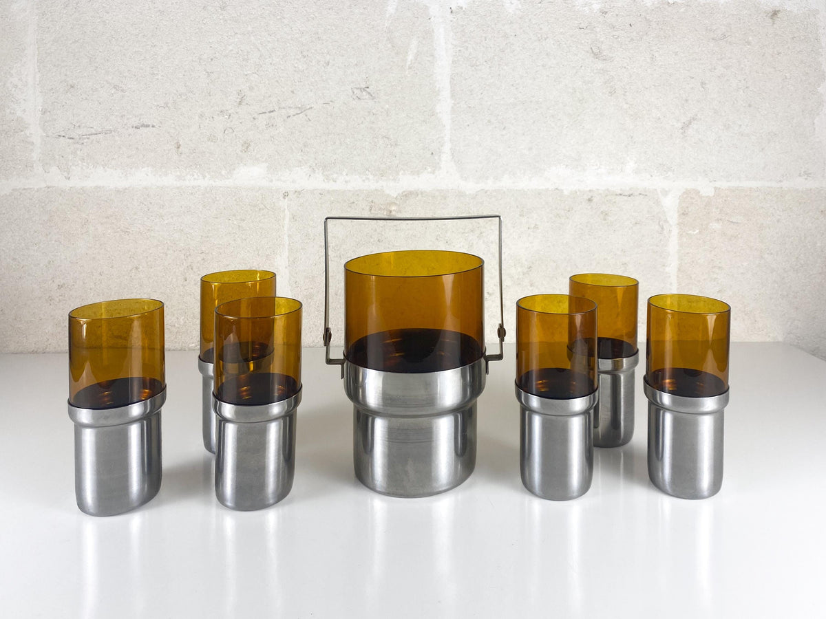Vintage Italian PRAN Ice Bucket & 6 Glasses – 1970s Space Age Barware Set