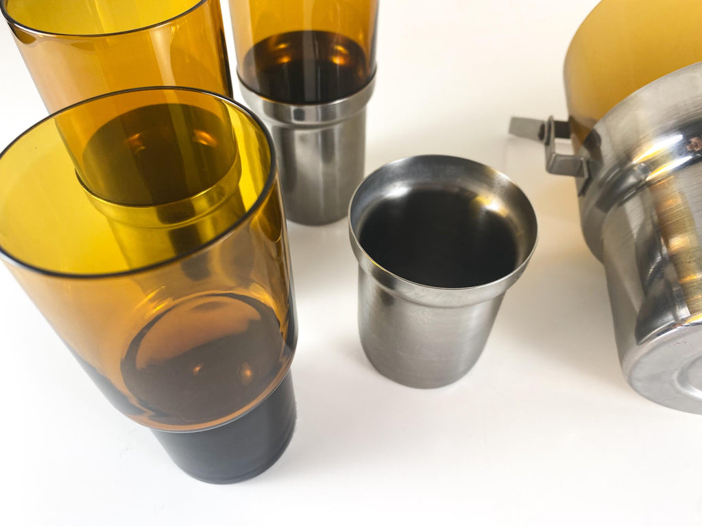 Vintage Italian PRAN Ice Bucket & 6 Glasses – 1970s Space Age Barware Set