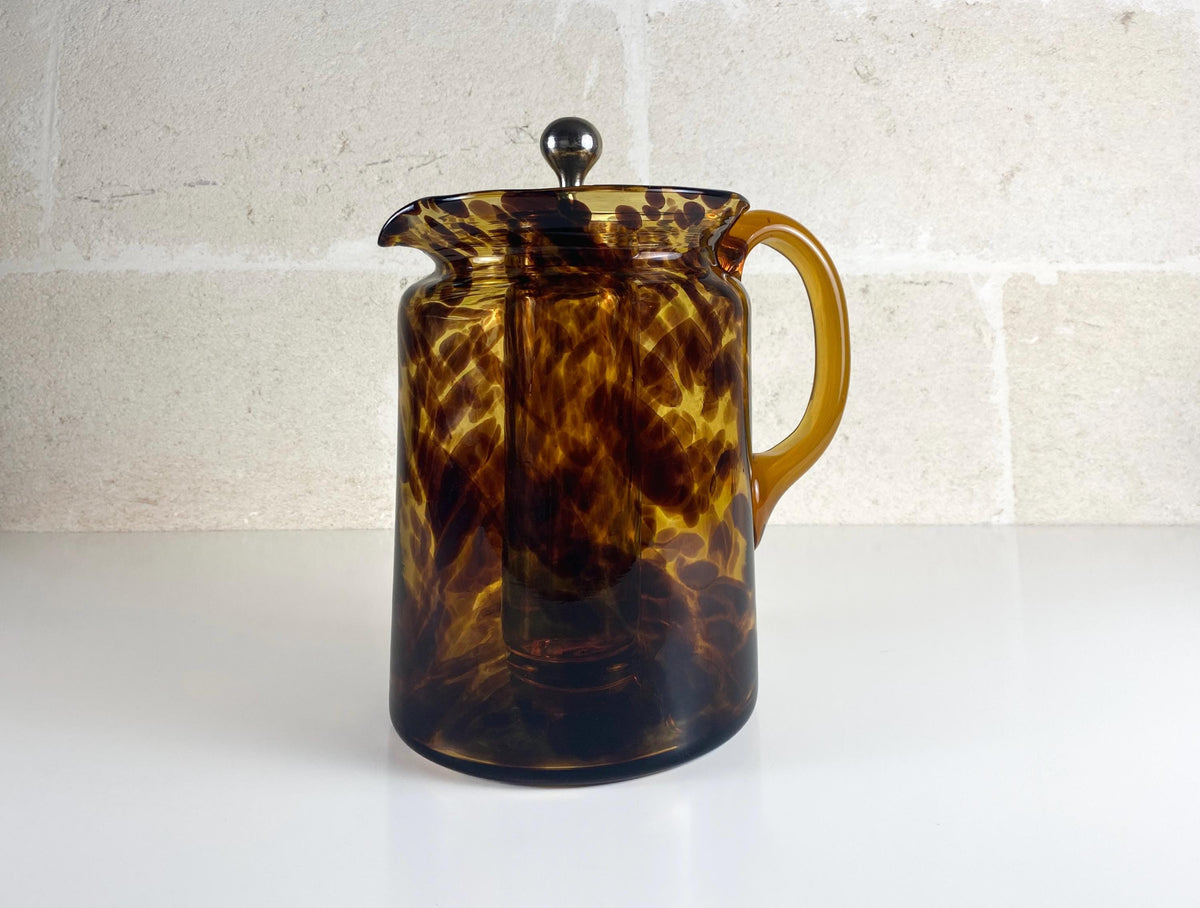Carafe Christian Dior Home années 1960 en verre écaille de tortue – Pièce de verrerie italienne soufflée à la bouche avec compartiment à glaçons