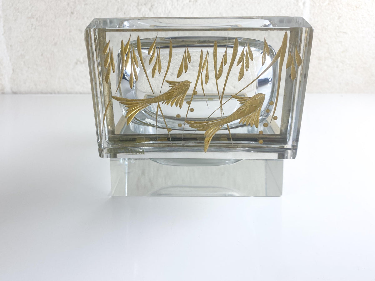 Set da fumo Pagnin & Bon in vetro di Murano anni '60, motivo acquatico inciso in oro 24k, cofanetto in cristallo italiano, accendino da tavolo, trio di posacenere