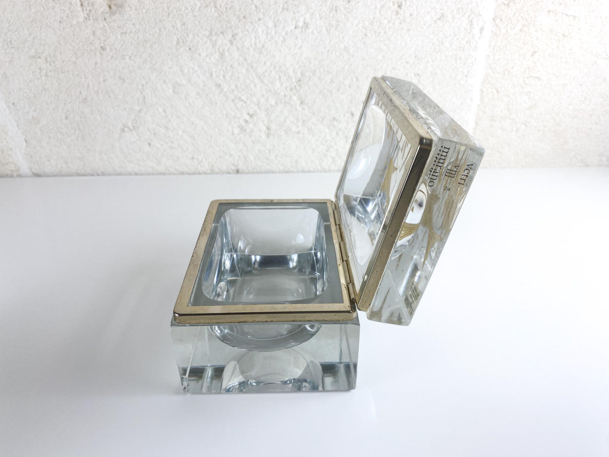 Set da fumo Pagnin & Bon in vetro di Murano anni '60, motivo acquatico inciso in oro 24k, cofanetto in cristallo italiano, accendino da tavolo, trio di posacenere
