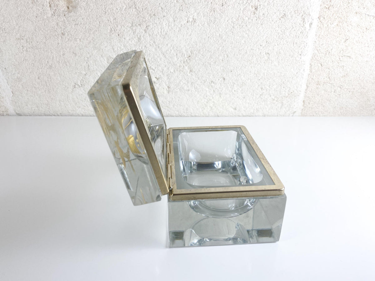 Set da fumo Pagnin & Bon in vetro di Murano anni '60, motivo acquatico inciso in oro 24k, cofanetto in cristallo italiano, accendino da tavolo, trio di posacenere