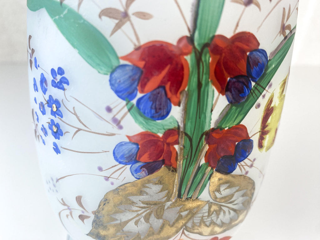 Grand vase ancien en verre opalin de style Bristol – Vase victorien à motifs floraux soufflé à la bouche