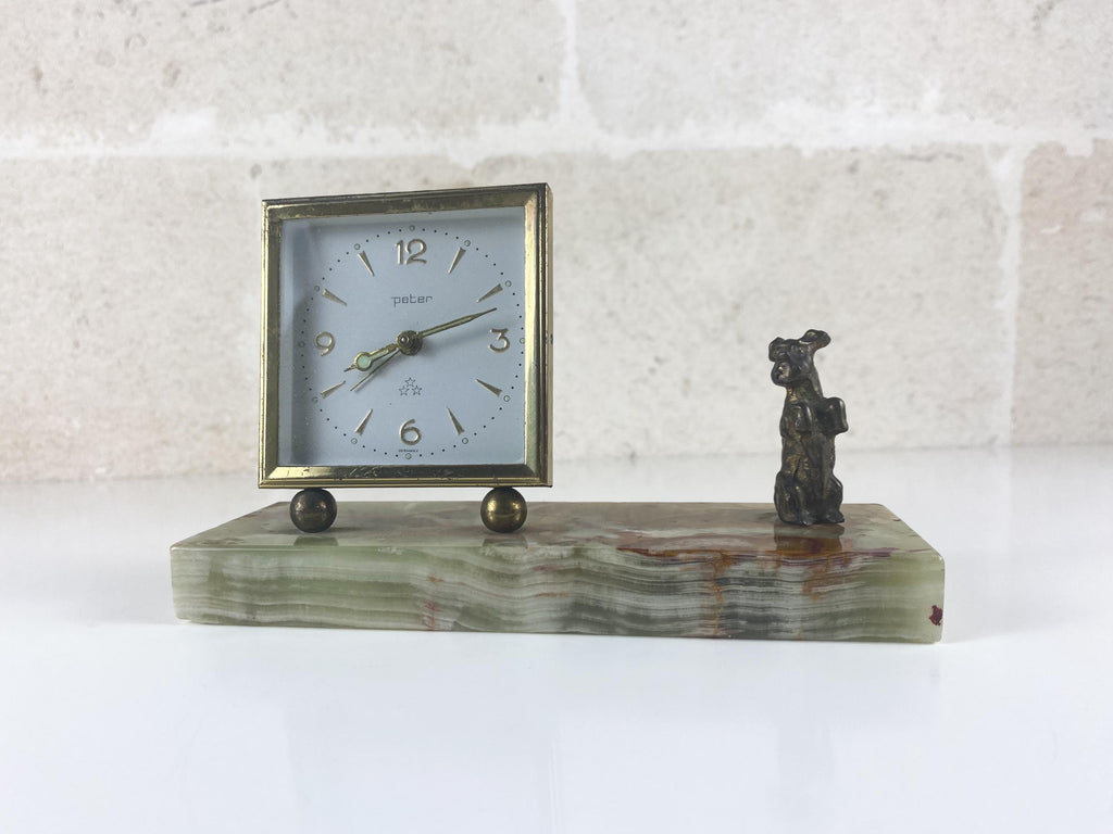 Vintage italienische Onyx-Tischuhr mit Scottie-Hund