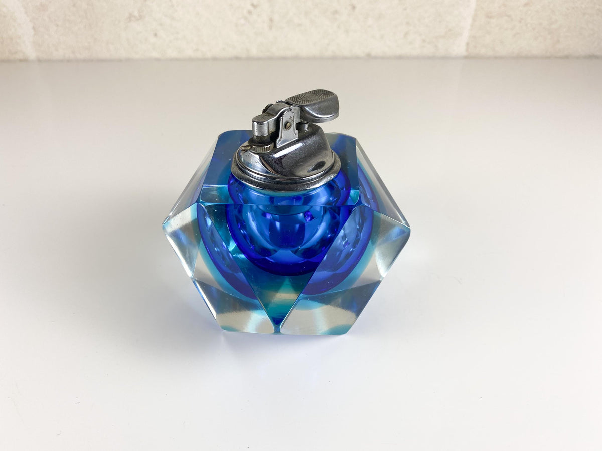 Encendedor de mesa de cristal de Murano Sommerso facetado de Alessandro Mandruzzato, años 70