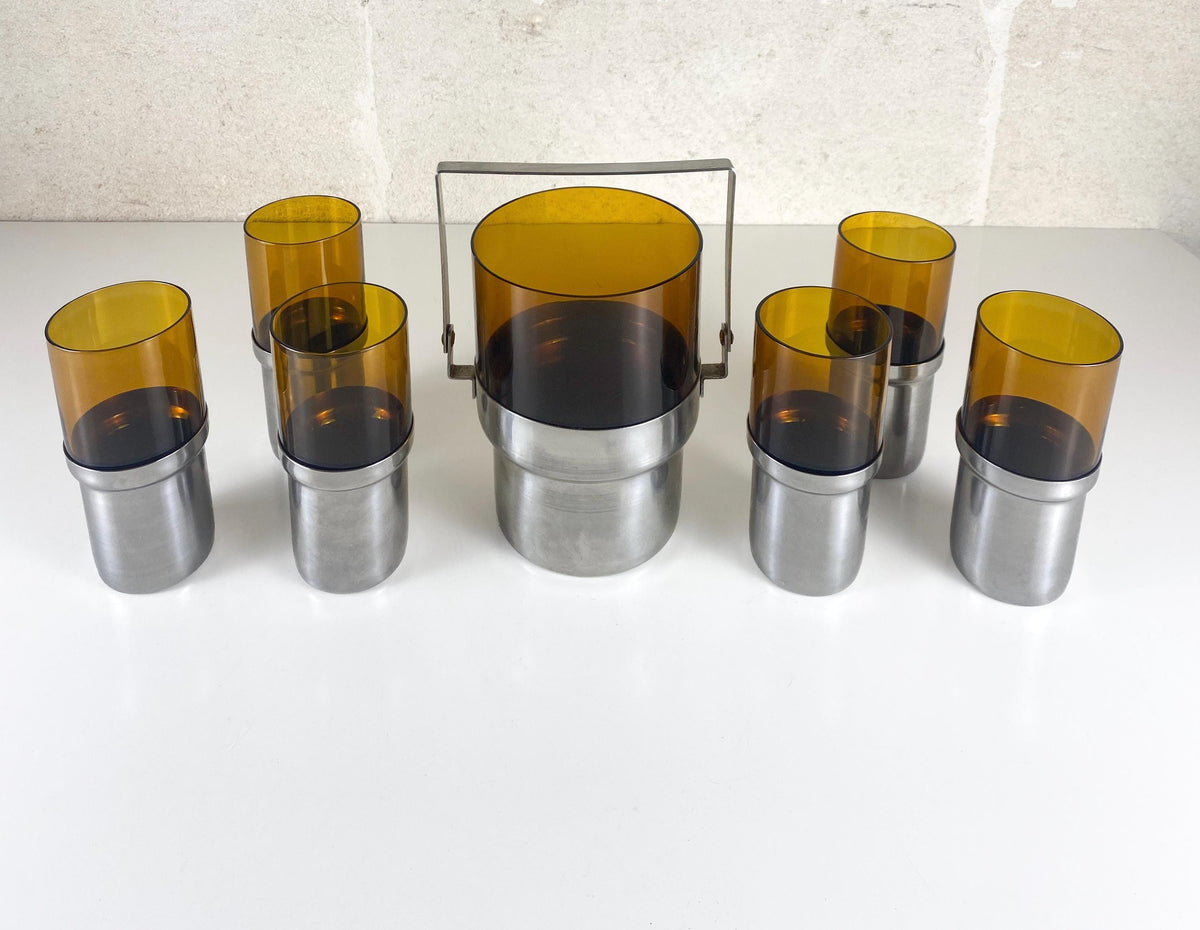 Vintage Italian PRAN Ice Bucket & 6 Glasses – 1970s Space Age Barware Set