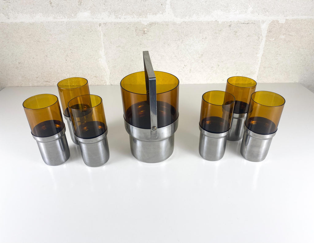 Vintage Italian PRAN Ice Bucket & 6 Glasses – 1970s Space Age Barware Set