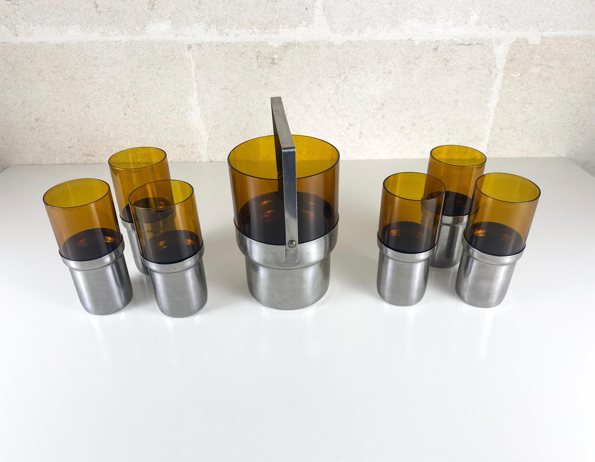 Vintage Italian PRAN Ice Bucket & 6 Glasses – 1970s Space Age Barware Set