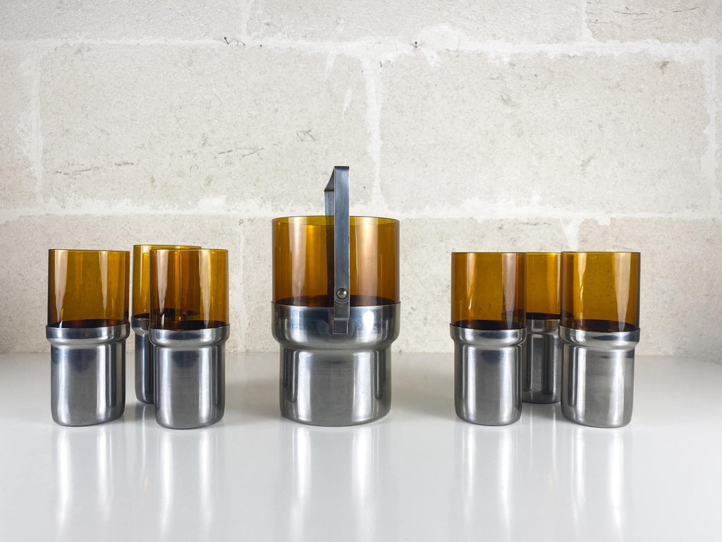 Vintage Italian PRAN Ice Bucket & 6 Glasses – 1970s Space Age Barware Set