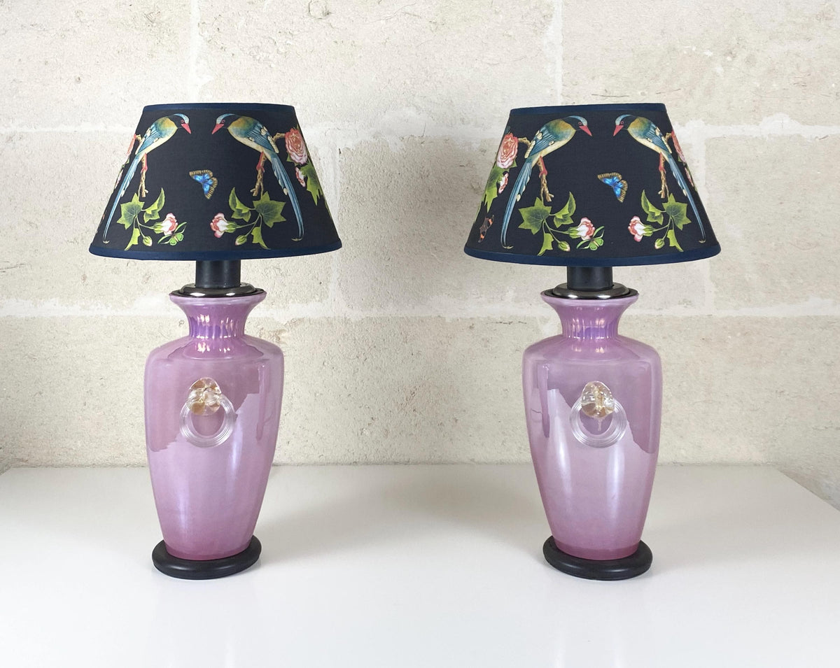 Pair of Murano Double-Lit Table Lamps, 1970s Lavender Lustre Glass, Cenedese & Albarelli Attributed