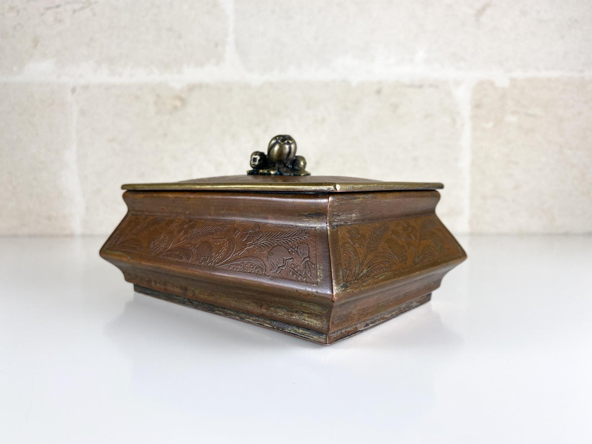 Antique Italian Silver-Plated Copper Casket, Repoussé Floral Box with Sculptural Flower Finial