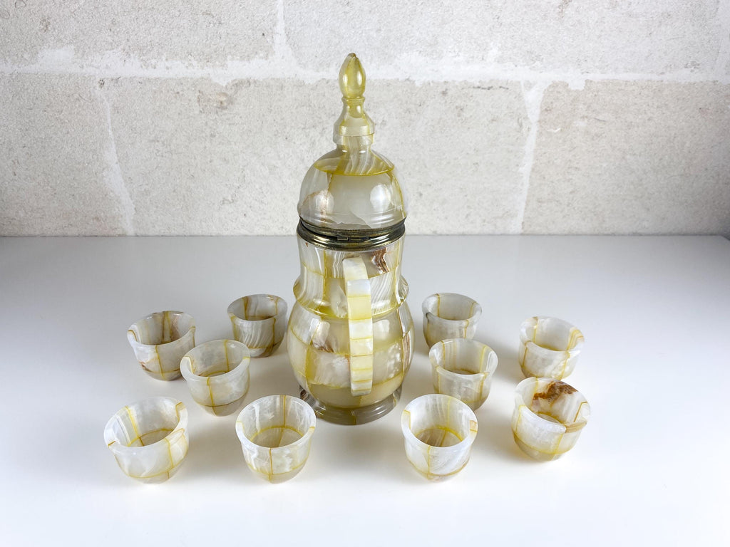 Vintage Onyx Marble Dallah, Arabic Coffee Set with 10 Cups & Brass Detail