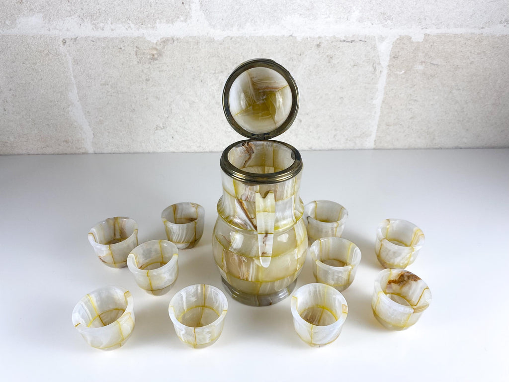 Vintage Onyx Marble Dallah, Arabic Coffee Set with 10 Cups & Brass Detail