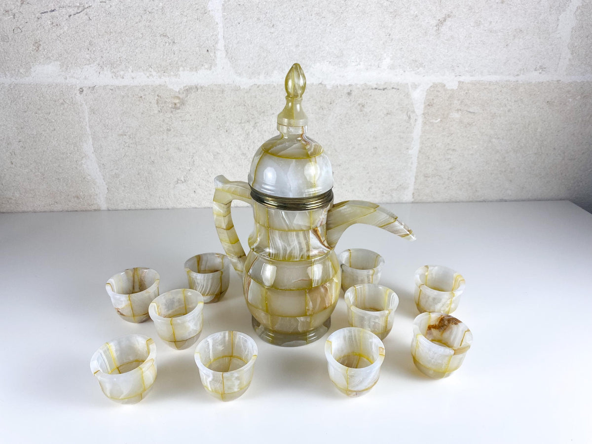 Vintage Onyx Marble Dallah, Arabic Coffee Set with 10 Cups & Brass Detail