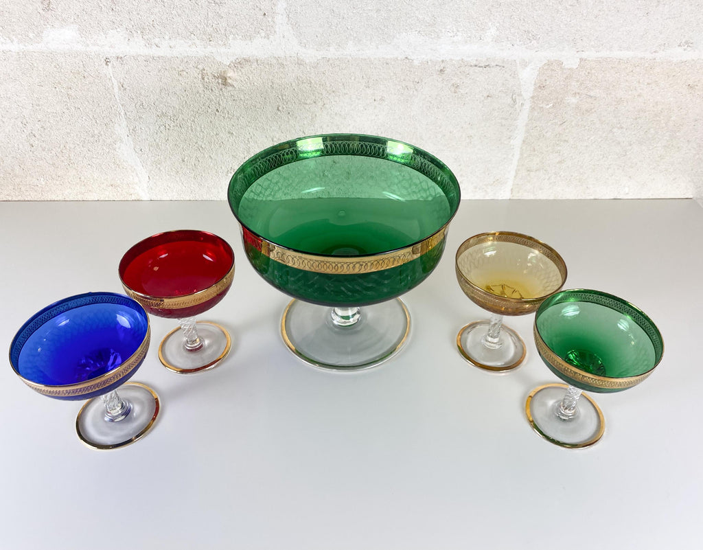 Juego de ponchera y cóctel vintage de Empoli, vidrio soplado italiano de los años 50, tazón grande, 4 copas doradas