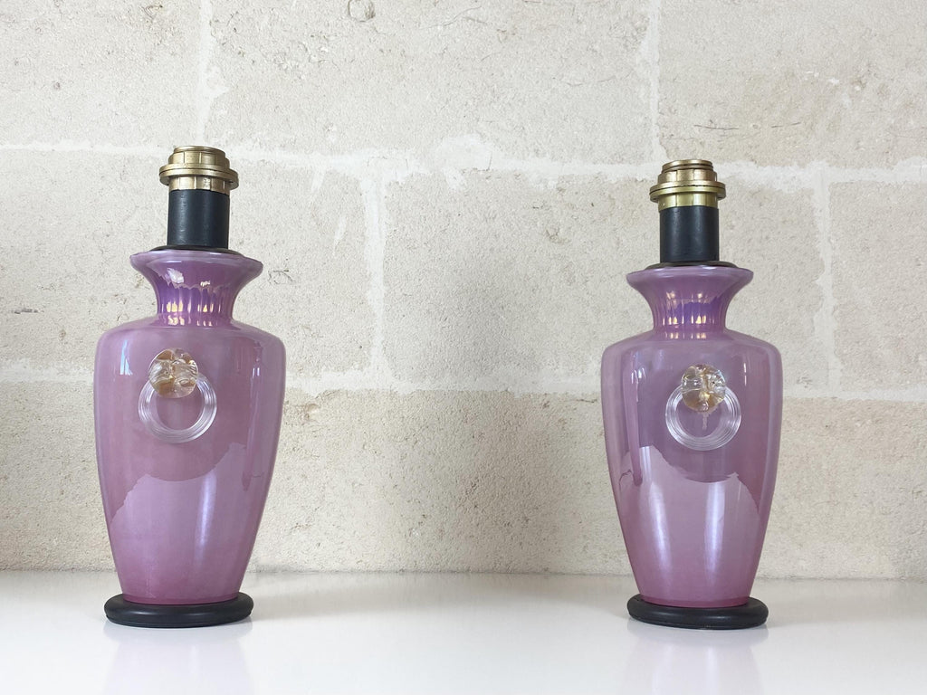 Pair of Murano Double-Lit Table Lamps, 1970s Lavender Lustre Glass, Cenedese & Albarelli Attributed