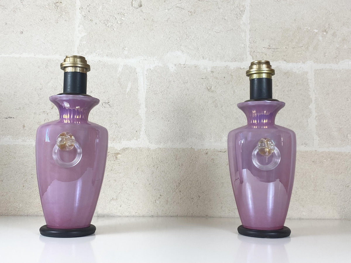 Pair of Murano Double-Lit Table Lamps, 1970s Lavender Lustre Glass, Cenedese & Albarelli Attributed