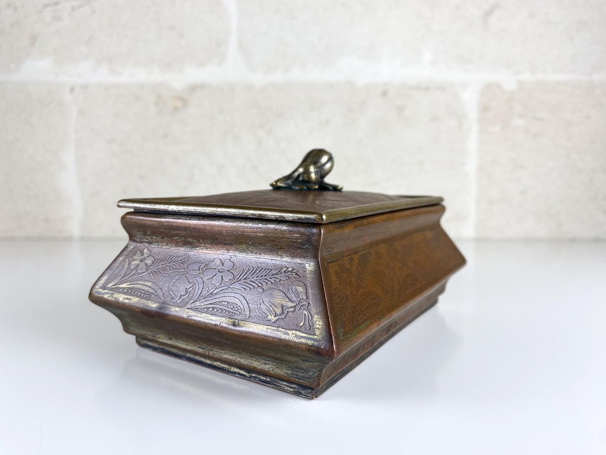 Antique Italian Silver-Plated Copper Casket, Repoussé Floral Box with Sculptural Flower Finial