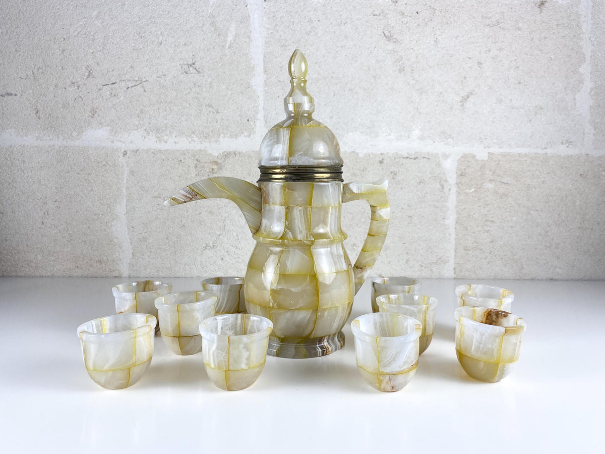Vintage Onyx Marble Dallah, Arabic Coffee Set with 10 Cups & Brass Detail