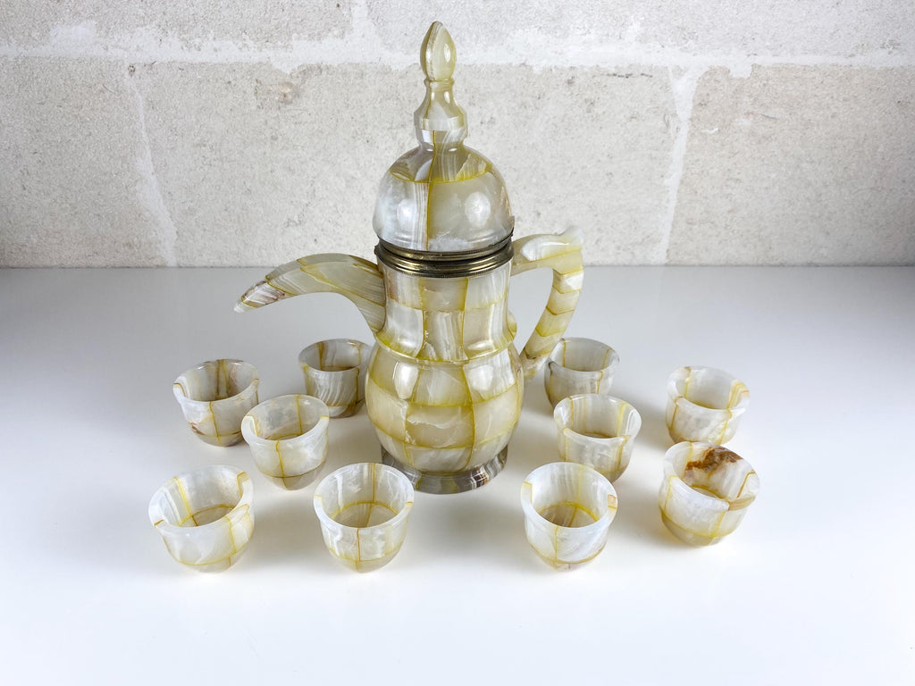 Vintage Onyx Marble Dallah, Arabic Coffee Set with 10 Cups & Brass Detail