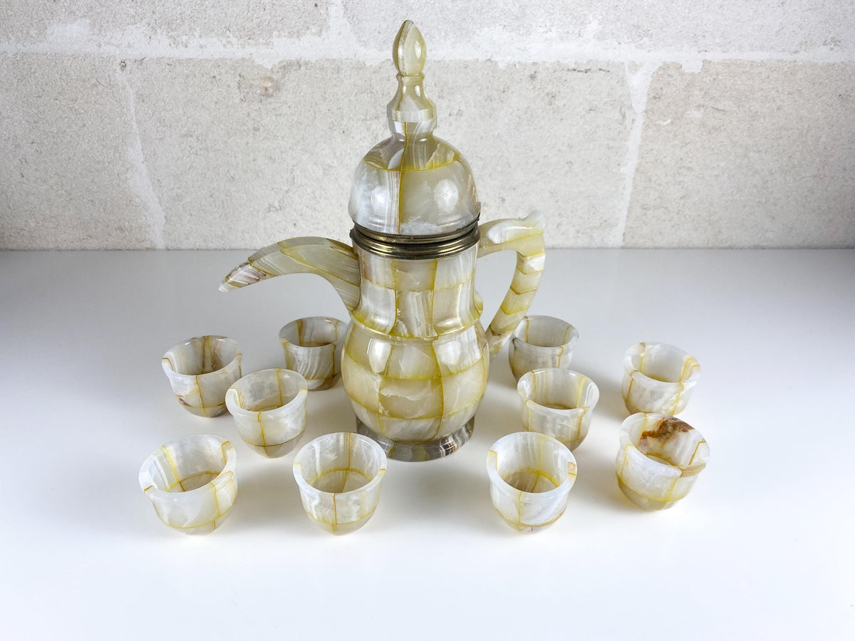 Vintage Onyx Marble Dallah, Arabic Coffee Set with 10 Cups & Brass Detail