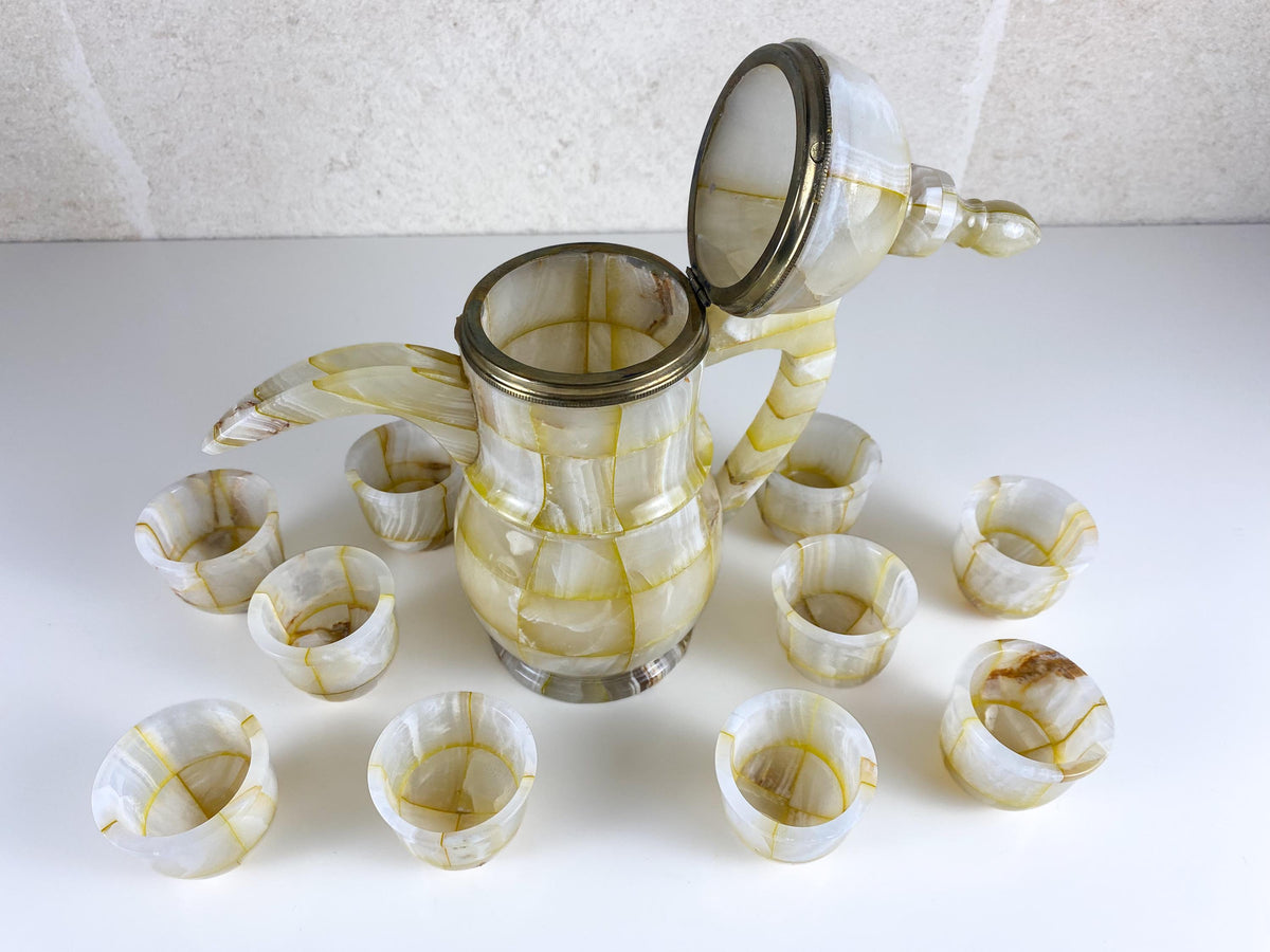 Vintage Onyx Marble Dallah, Arabic Coffee Set with 10 Cups & Brass Detail