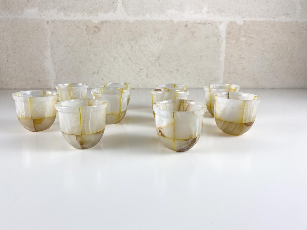 Vintage Onyx Marble Dallah, Arabic Coffee Set with 10 Cups & Brass Detail