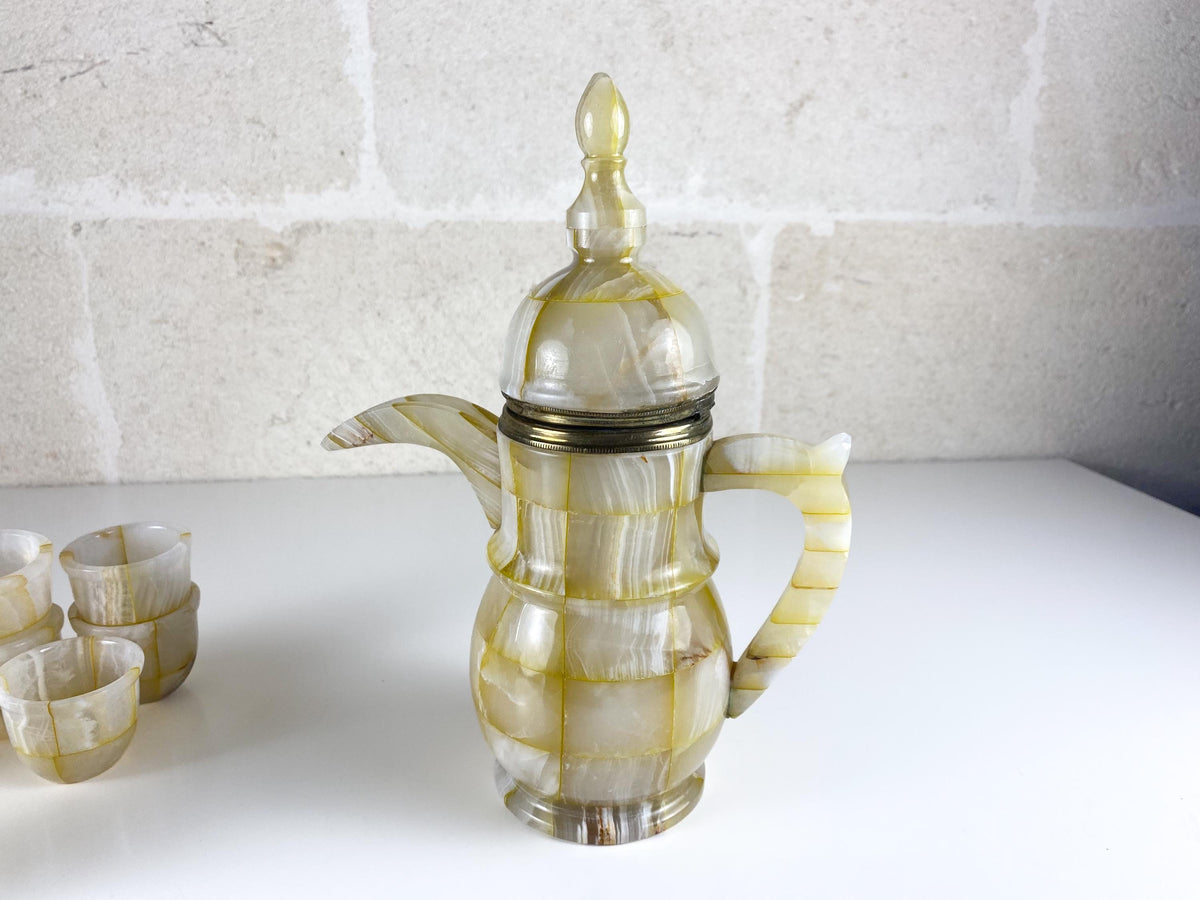 Vintage Onyx Marble Dallah, Arabic Coffee Set with 10 Cups & Brass Detail